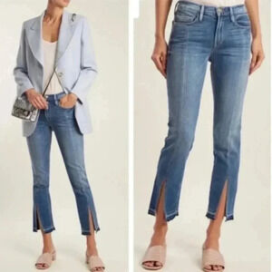 Frame Le Nouveau Straight Front Split Jeans Blue Raw Edge Pleated Luxury Denim